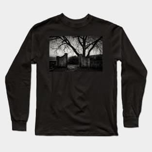 Black and white photograph of ancient gate leading to a mysterious garden Long Sleeve T-Shirt